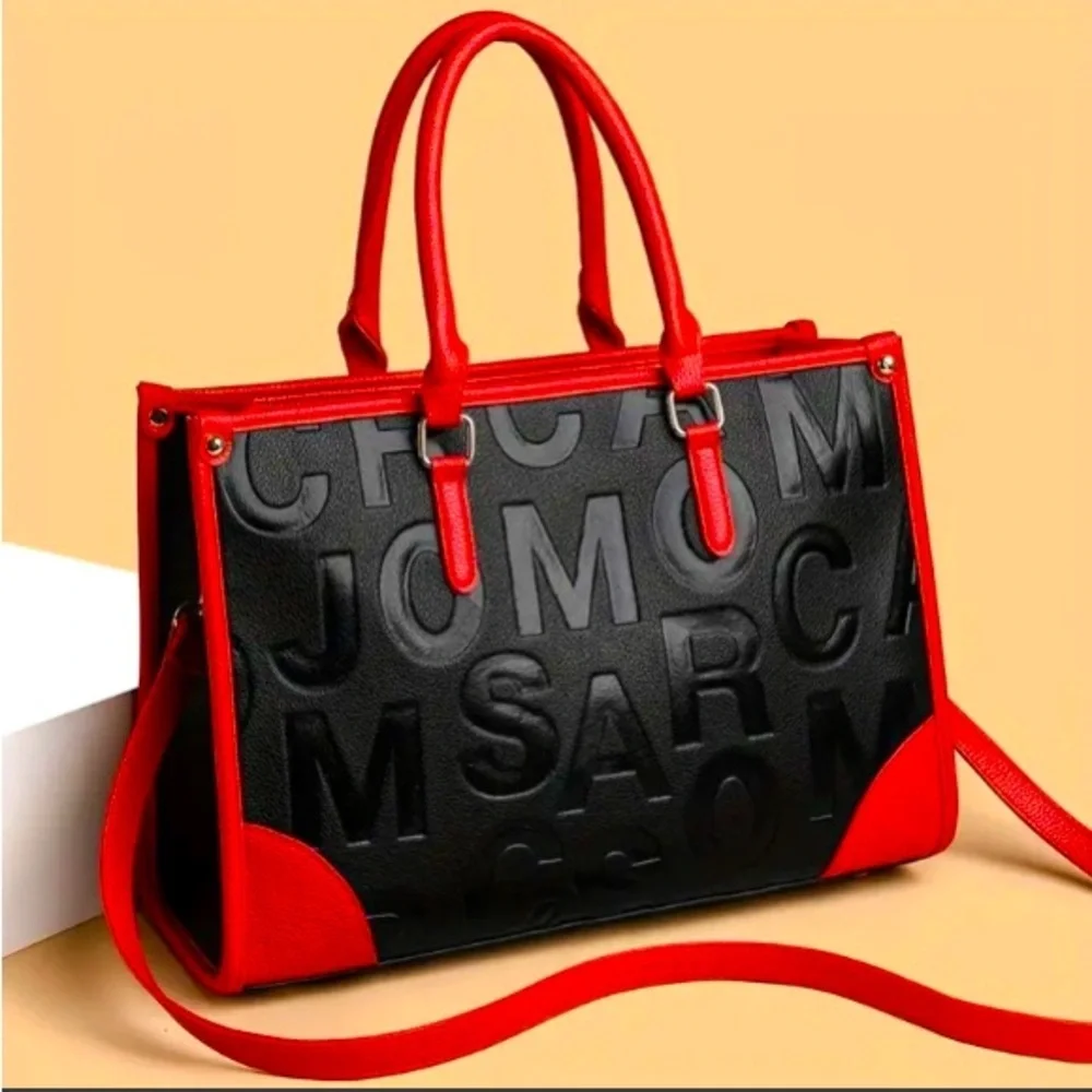 PURSE: Black/Red Geometric Embossed Lettering & Painted Edging Tote, NWOT